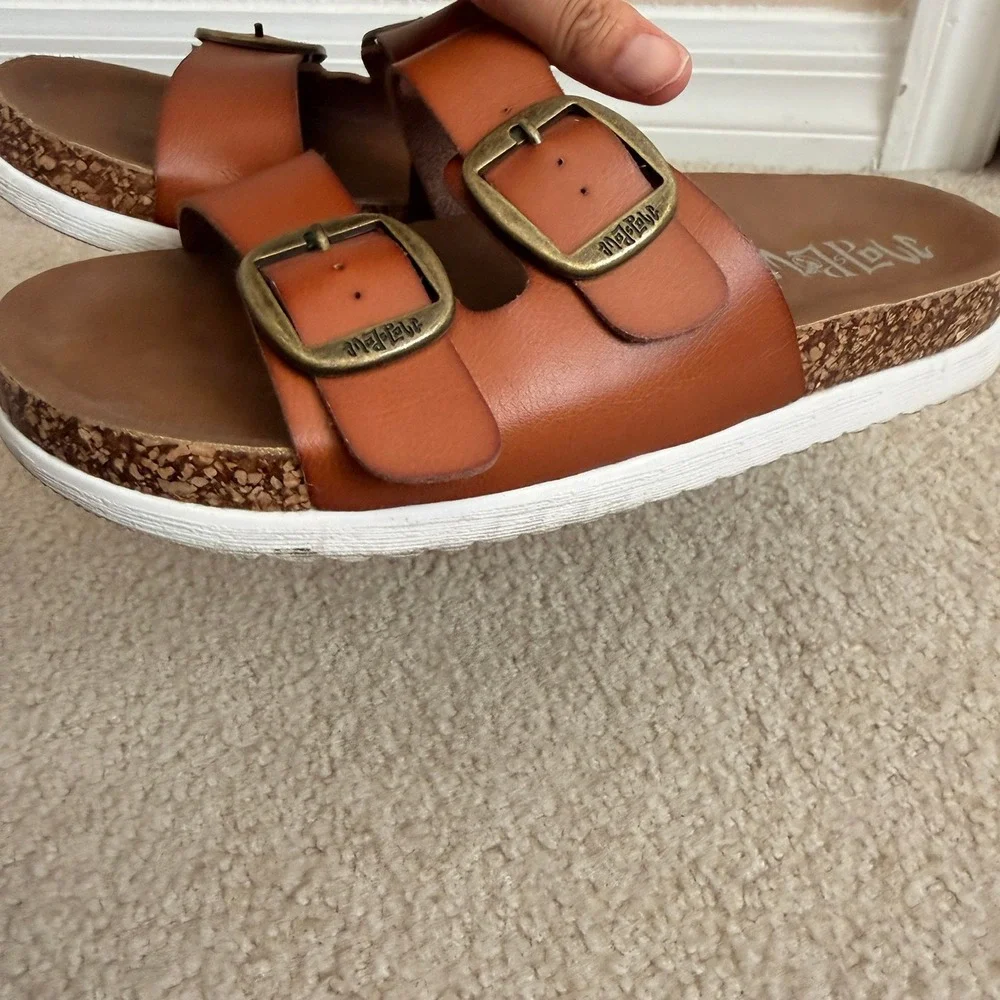 Mad Love Cognac Brown Double Strap Buckle Footbed Slide Sandals Womens 9